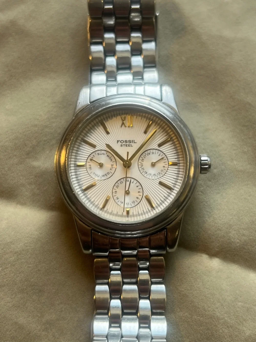 Fossil Stainless Steel Multifunction Watch Silver Gold Dial Classic